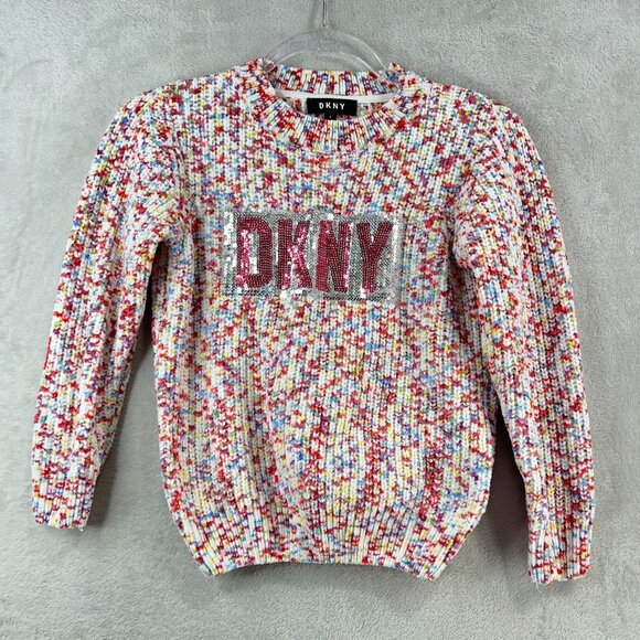 DKNY Sweater Girls Small Sequin with Fuzzy Cozy Soft Chenille Colorful Knit - Picture 1 of 7